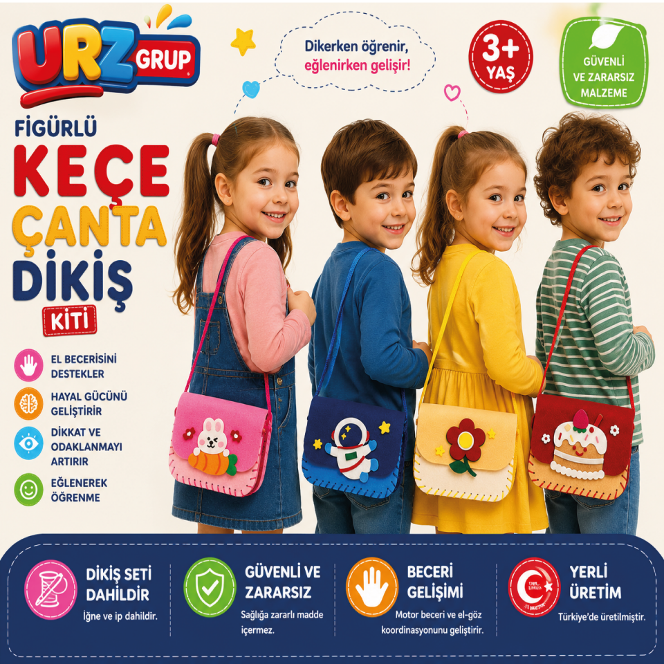 4’lü Keçe Eğitici Figürlü Çanta Dikiş Seti