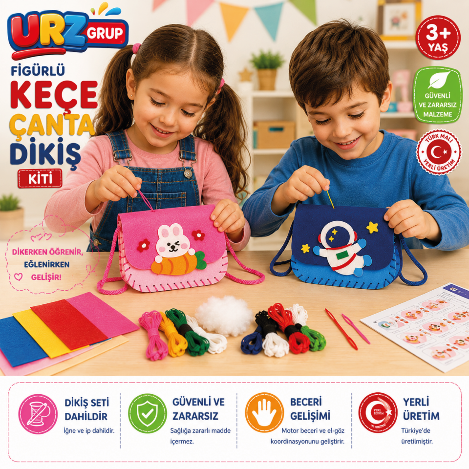 4’lü Keçe Eğitici Figürlü Çanta Dikiş Seti