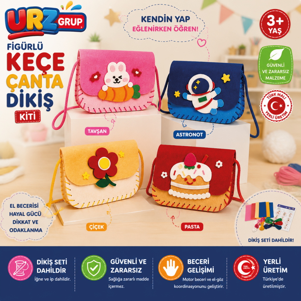 4’lü Keçe Eğitici Figürlü Çanta Dikiş Seti