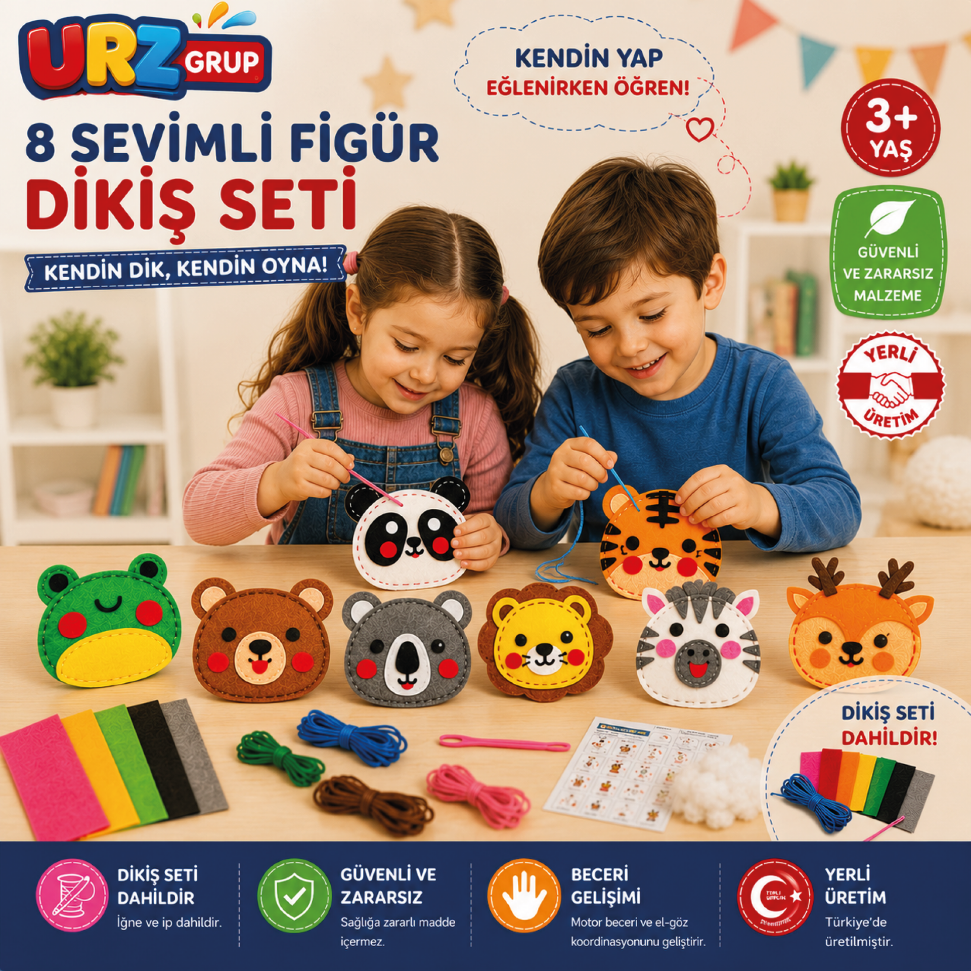 8’li Kendin Yap Keçe Dikiş El Sanatları Seti – Orman Hayvanları
