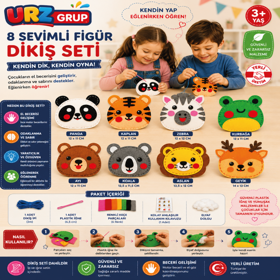 8’li Kendin Yap Keçe Dikiş El Sanatları Seti – Orman Hayvanları