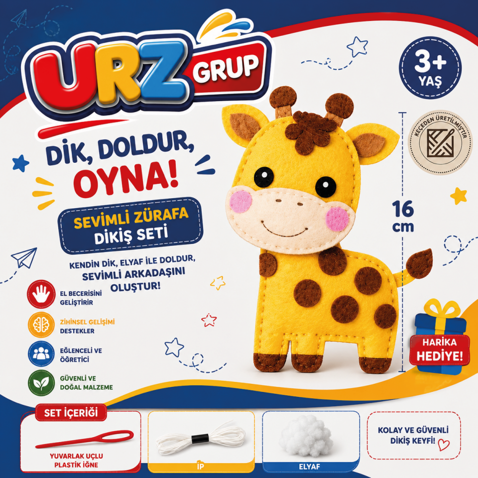 Zürafa Eğitici Keçe Dikiş Kiti – İp, İğne ve Elyaf Dahil