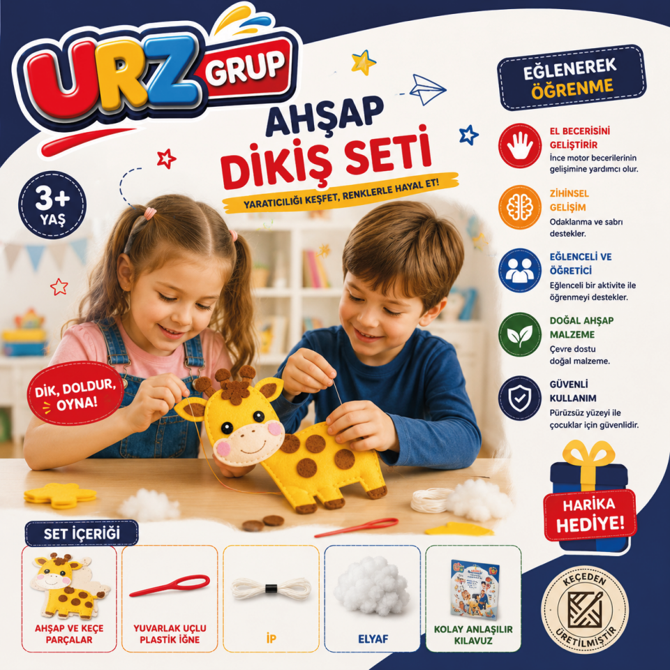 Zürafa Eğitici Keçe Dikiş Kiti – İp, İğne ve Elyaf Dahil