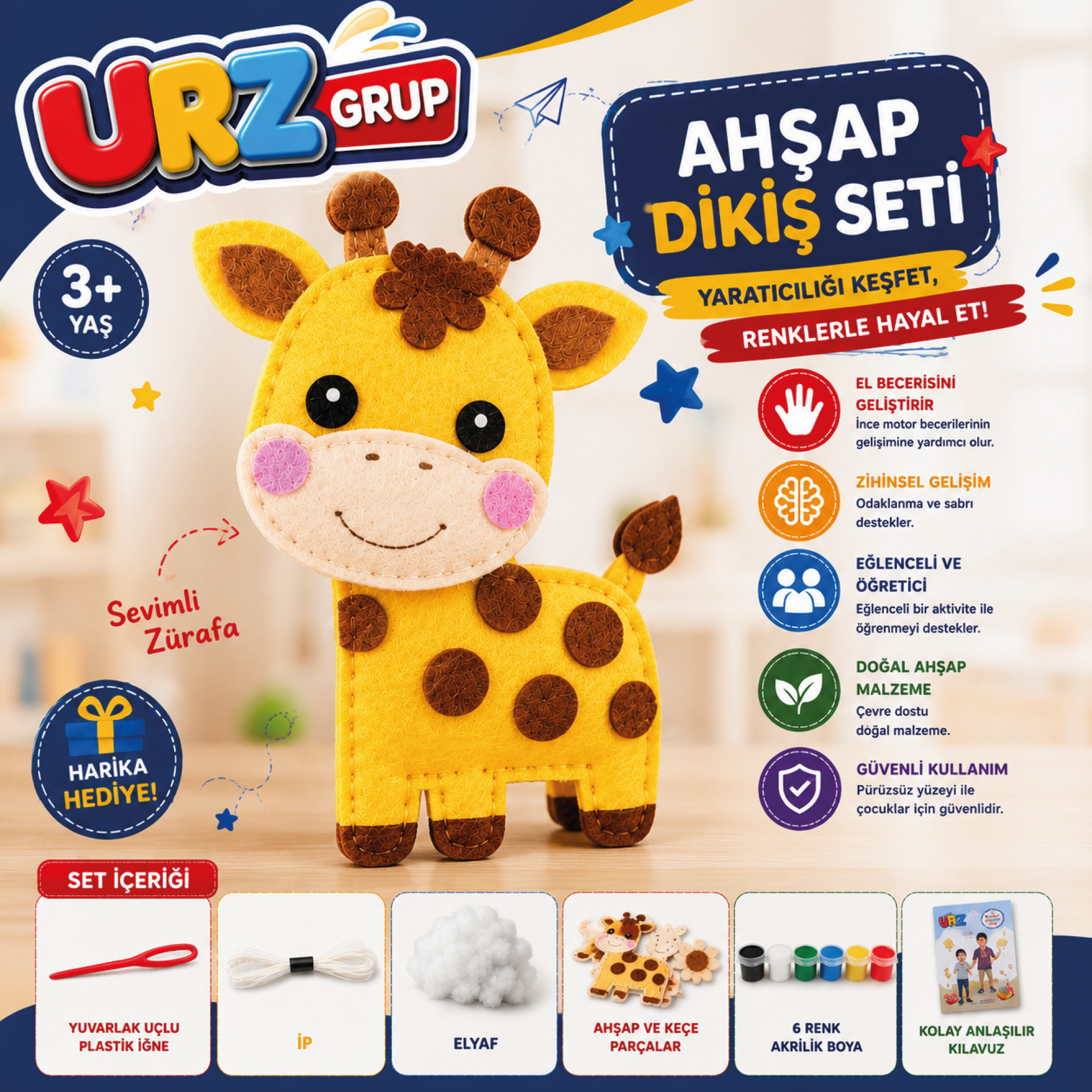 Zürafa Eğitici Keçe Dikiş Kiti – İp, İğne ve Elyaf Dahil