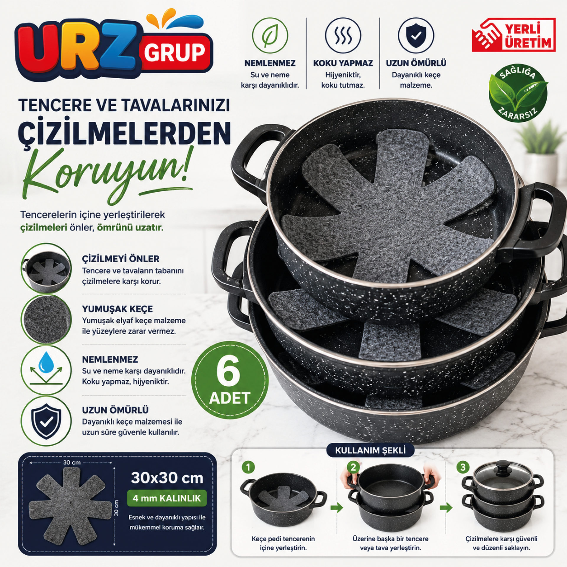 Kalın Tencere Tava Koruyucu Elyaf Keçe 6’lı Set
