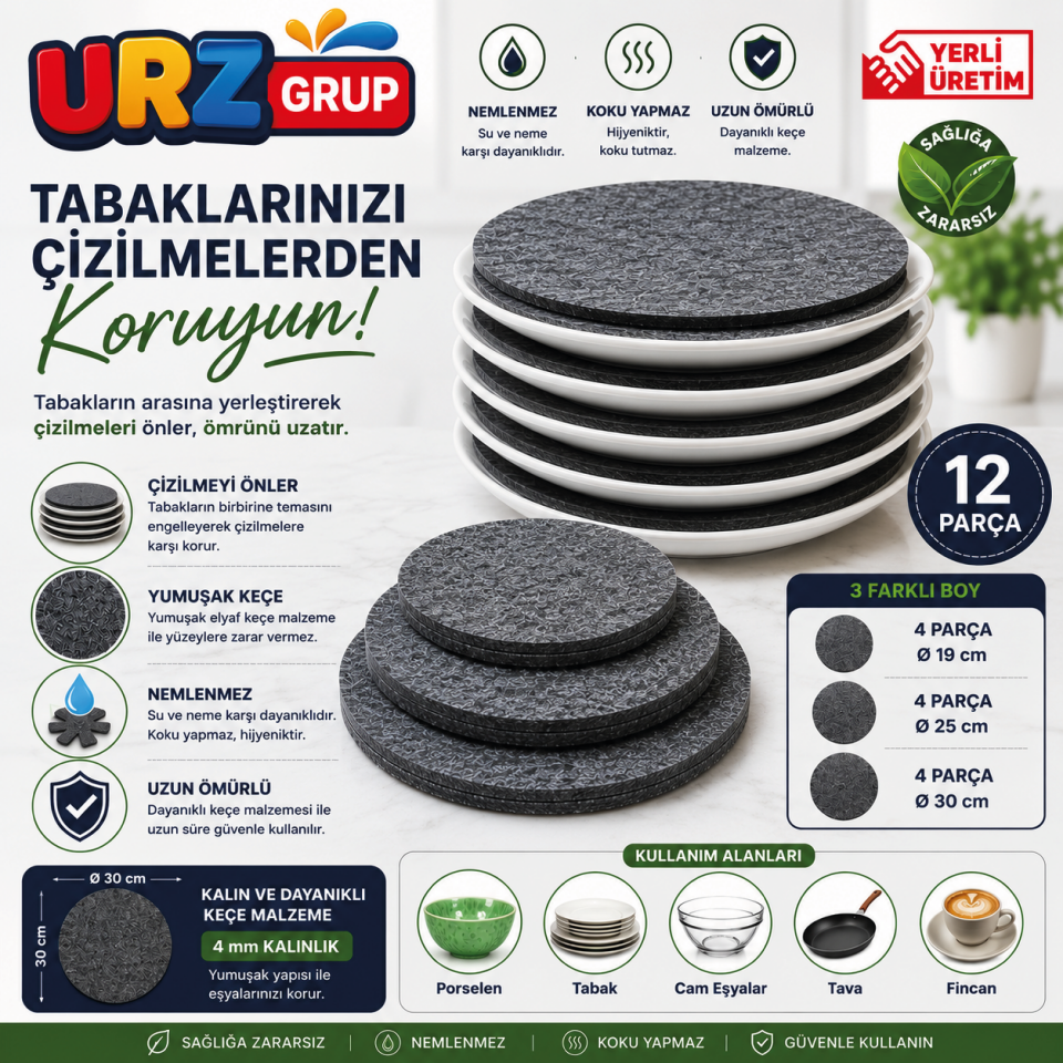 12 Parça Keçe Tabak Koruyucu ve Tabak Ayırıcı Set – 3 Farklı Boy