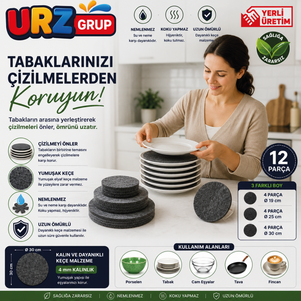 12 Parça Keçe Tabak Koruyucu ve Tabak Ayırıcı Set – 3 Farklı Boy