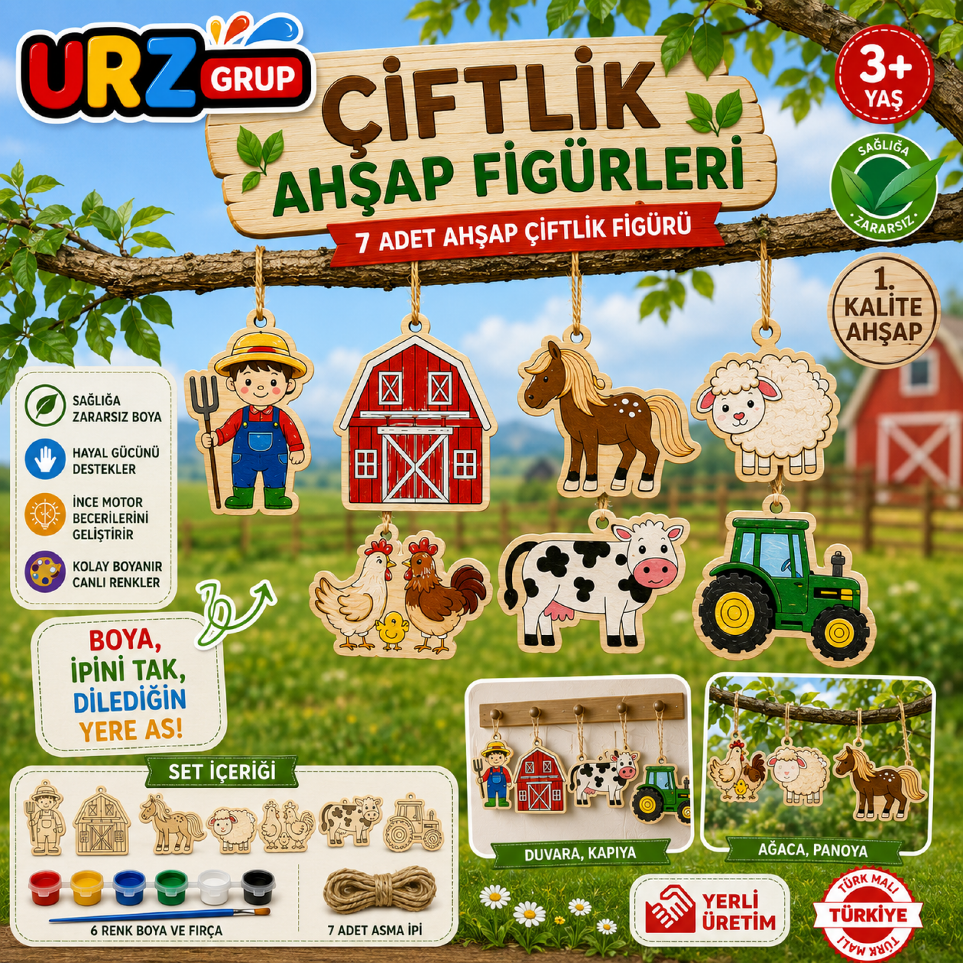 7 Parça Ahşap Boyama Seti Çiftlik Figürleri