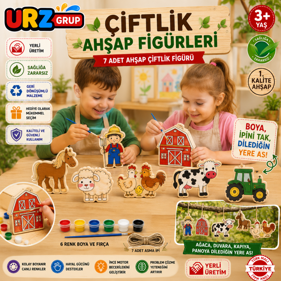7 Parça Ahşap Boyama Seti Çiftlik Figürleri