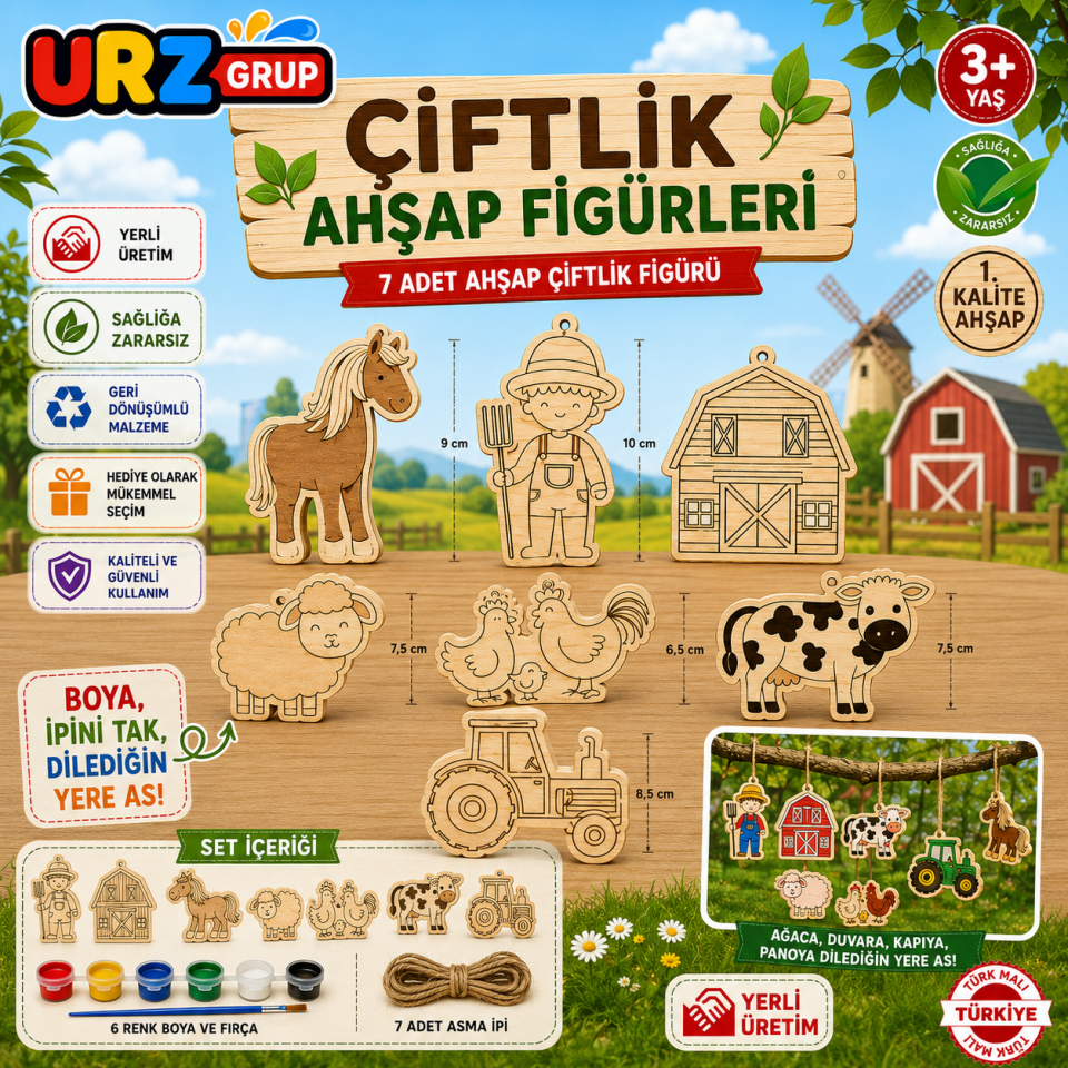 7 Parça Ahşap Boyama Seti Çiftlik Figürleri