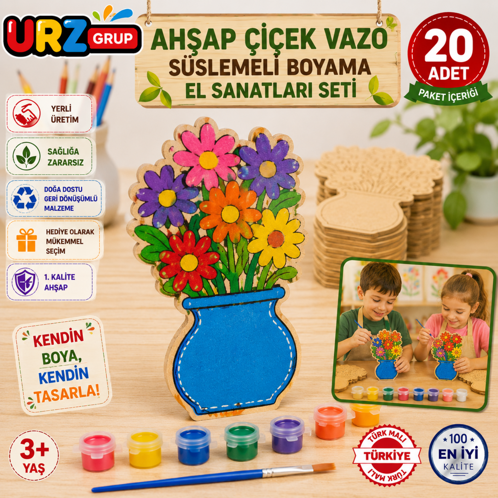 20 Adet Ahşap Çiçek Vazo Süslemeli Boyama El Sanatları Seti