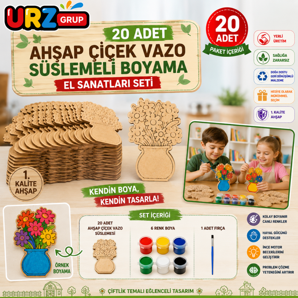 20 Adet Ahşap Çiçek Vazo Süslemeli Boyama El Sanatları Seti