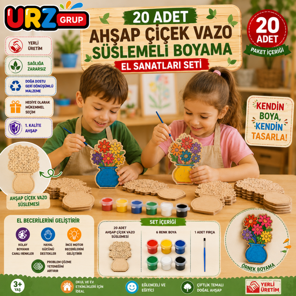 20 Adet Ahşap Çiçek Vazo Süslemeli Boyama El Sanatları Seti