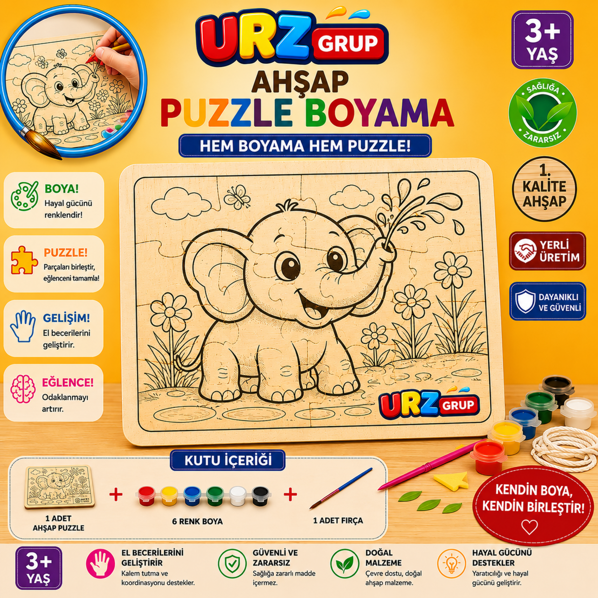 Ahşap Puzzle Boyama Seti Fil