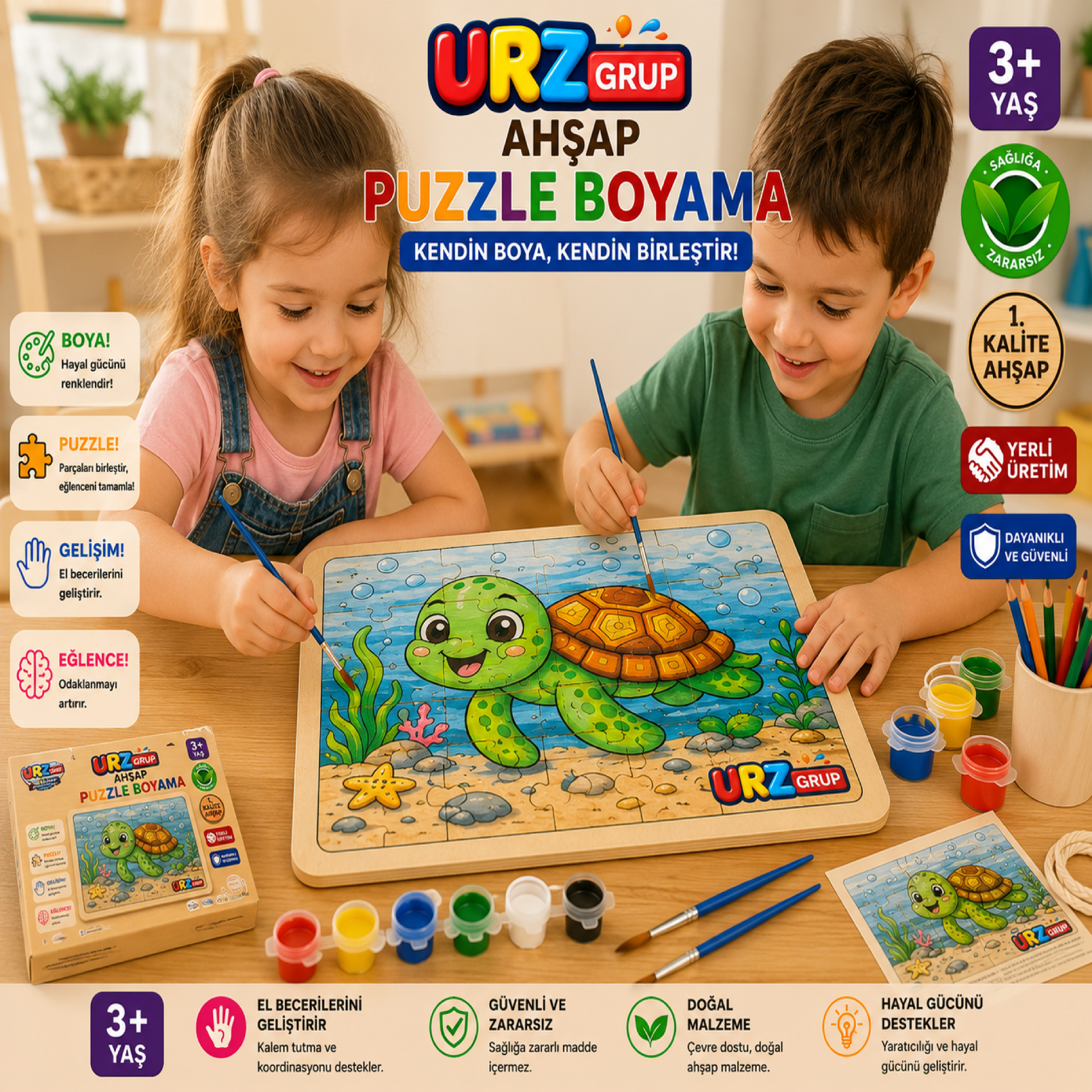 Ahşap Puzzle Boyama Seti Kaplumbağa