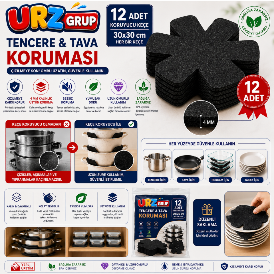 Keçe Tava Tencere Borcam Koruyucu 12'li