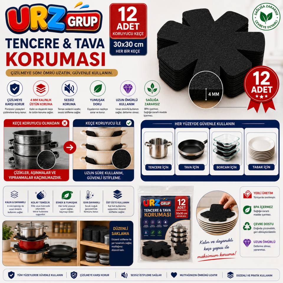 Keçe Tava Tencere Borcam Koruyucu 12'li