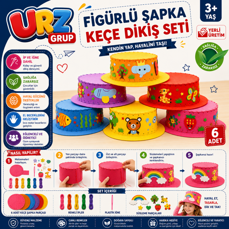 6'lı Figürlü Keçe Şapka Dikiş Seti