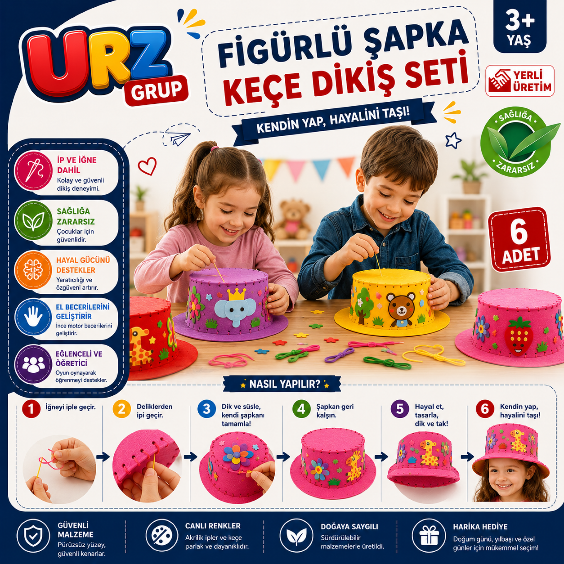 6'lı Figürlü Keçe Şapka Dikiş Seti